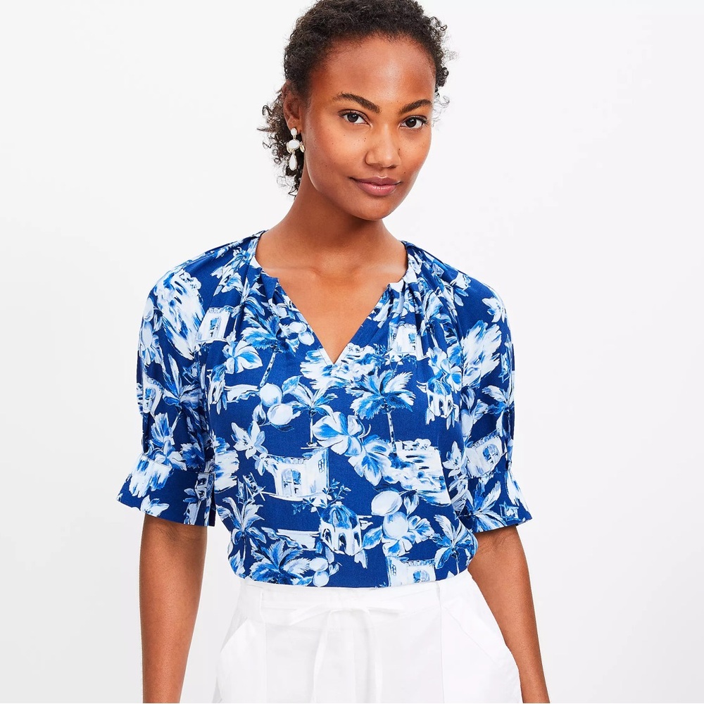 LOFT Blue Sapphire & White Corfu Weekend Pleated V-Neck Blouse, Size M